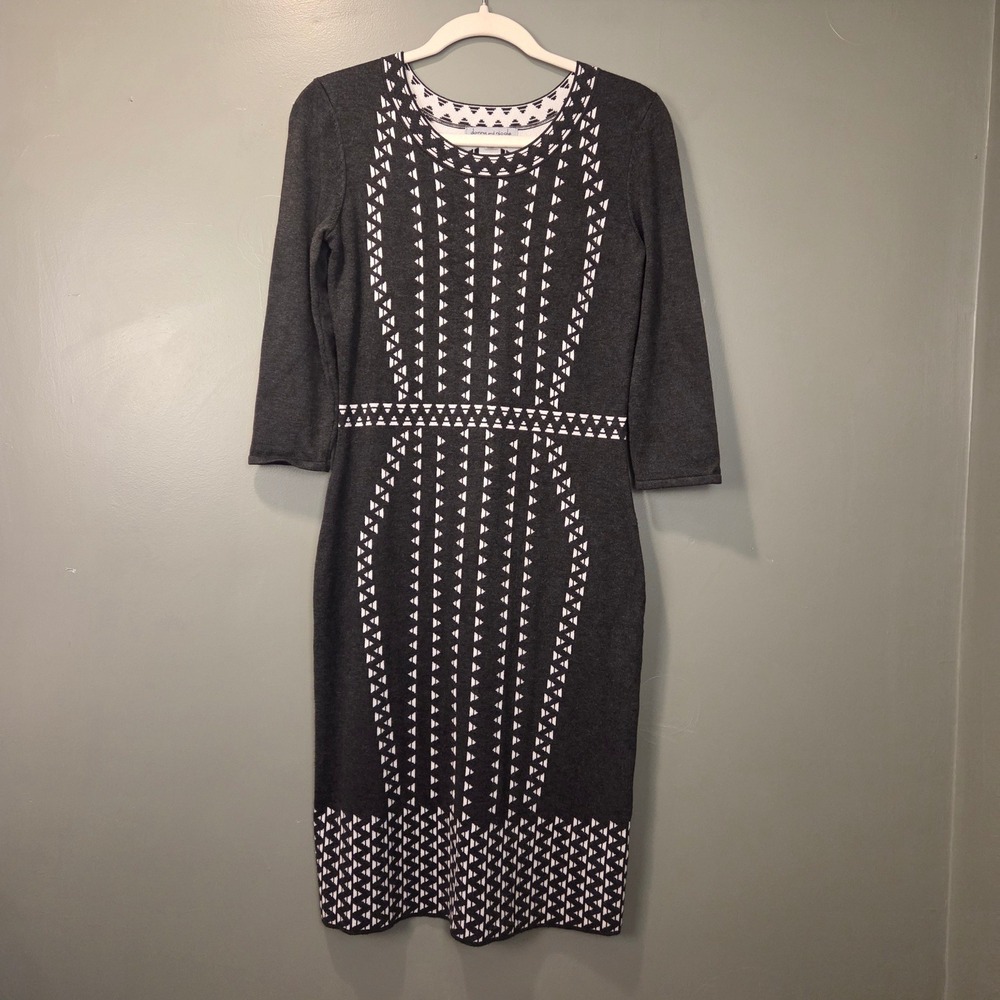 Danny & Nicole Women's Sweater Dress 3/4 Sleeve Size M Gray & White Geometric